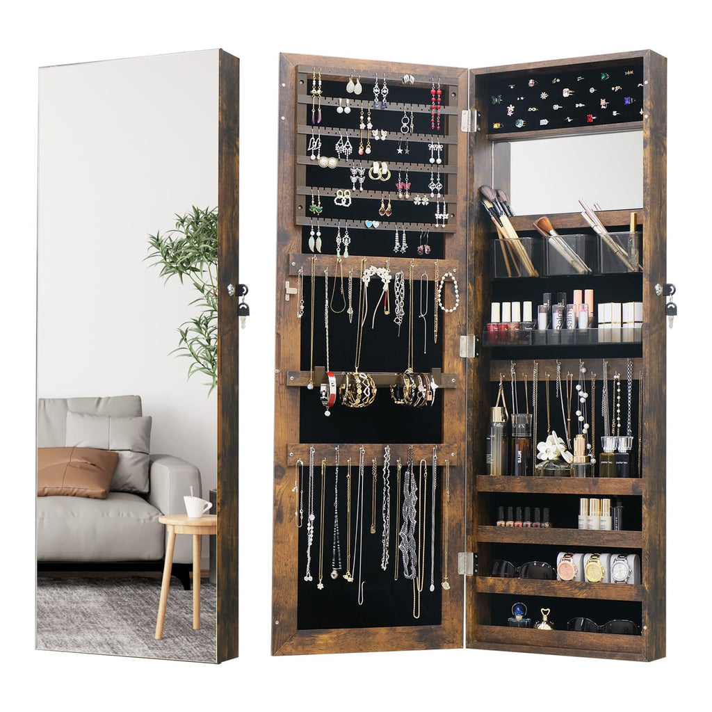 White Lockable Wall Mount Full Length Jewelry Armoire