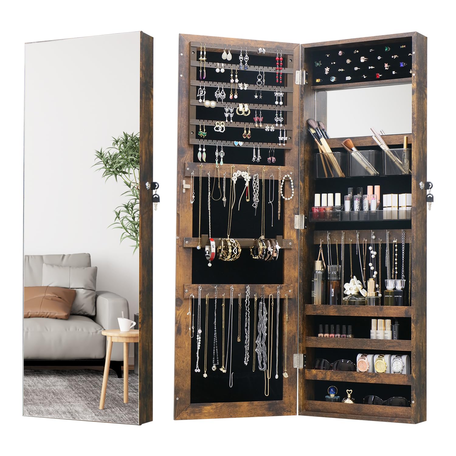 White Lockable Wall Mount Full Length Jewelry Armoire
