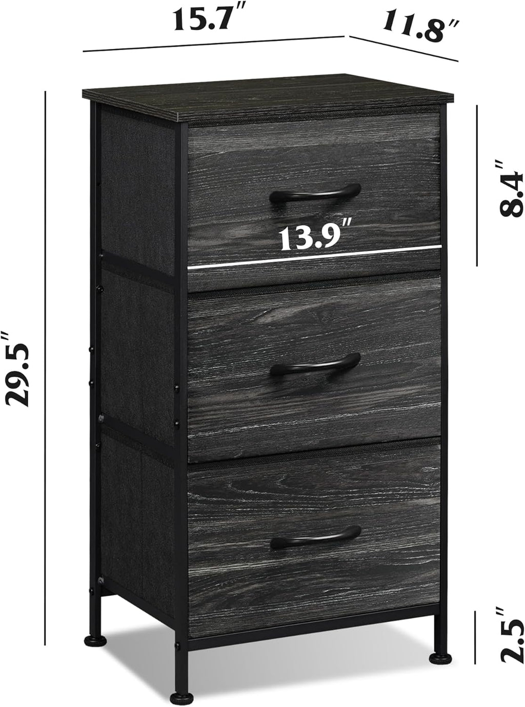 Charcoal Black Wood Top 3 Drawer Fabric Nightstand