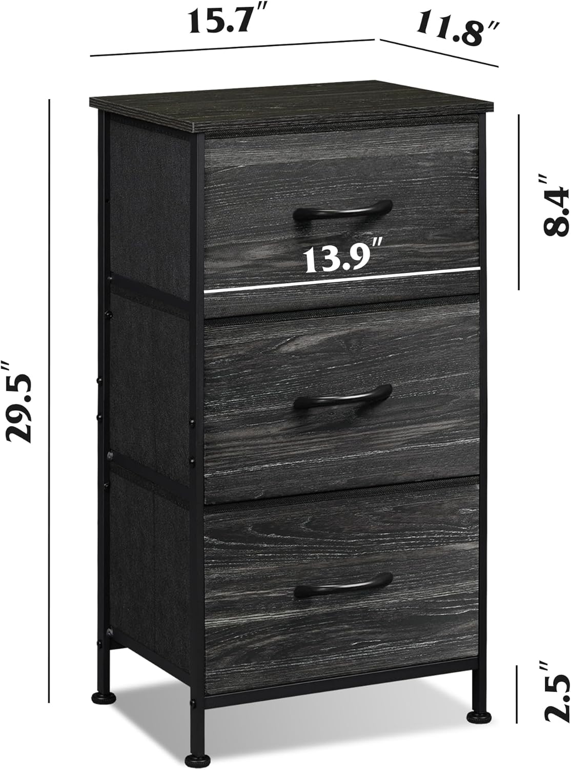 Charcoal Black Wood Top 3 Drawer Fabric Nightstand