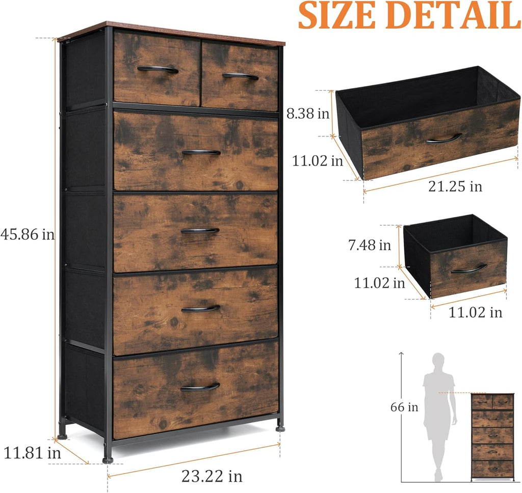 Rustic Brown Wood Top 6 Drawer Slim Fabric Dresser