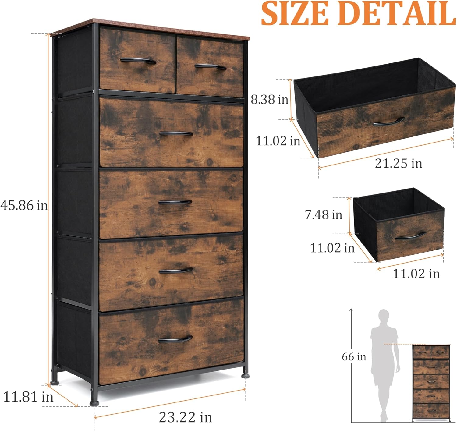 Rustic Brown Wood Top 6 Drawer Slim Fabric Dresser