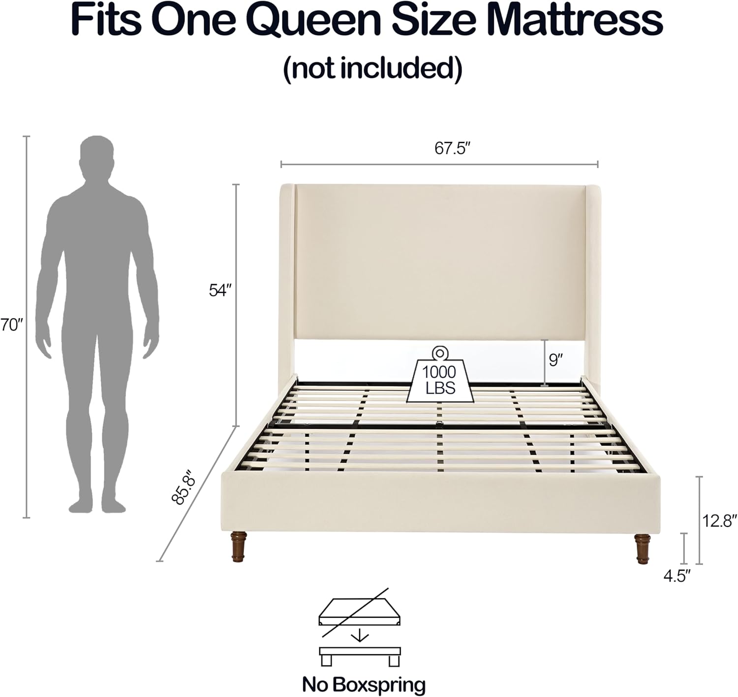 Ivory Boucle Wingback Queen Tall Headboard Platform Bed