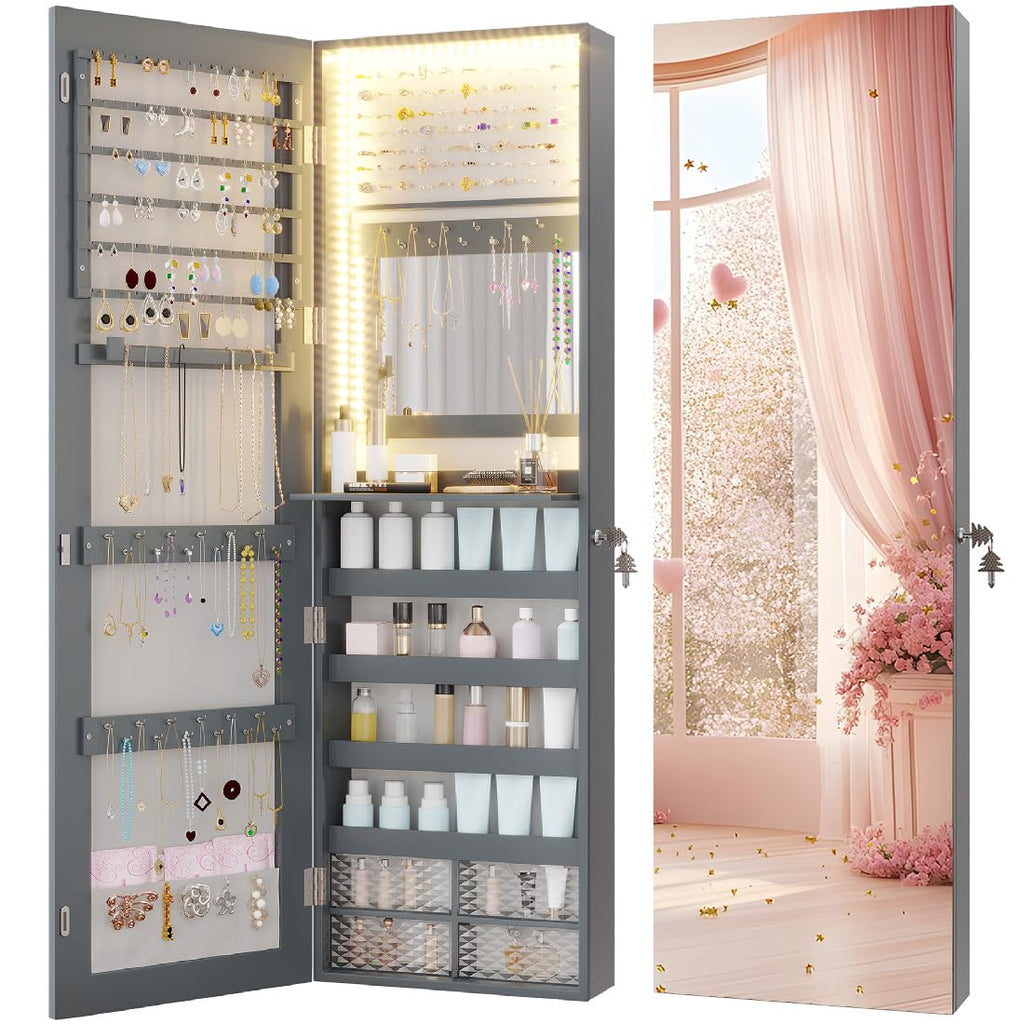 LED Lockable White Full Length Hanging Jewelry Cabinet