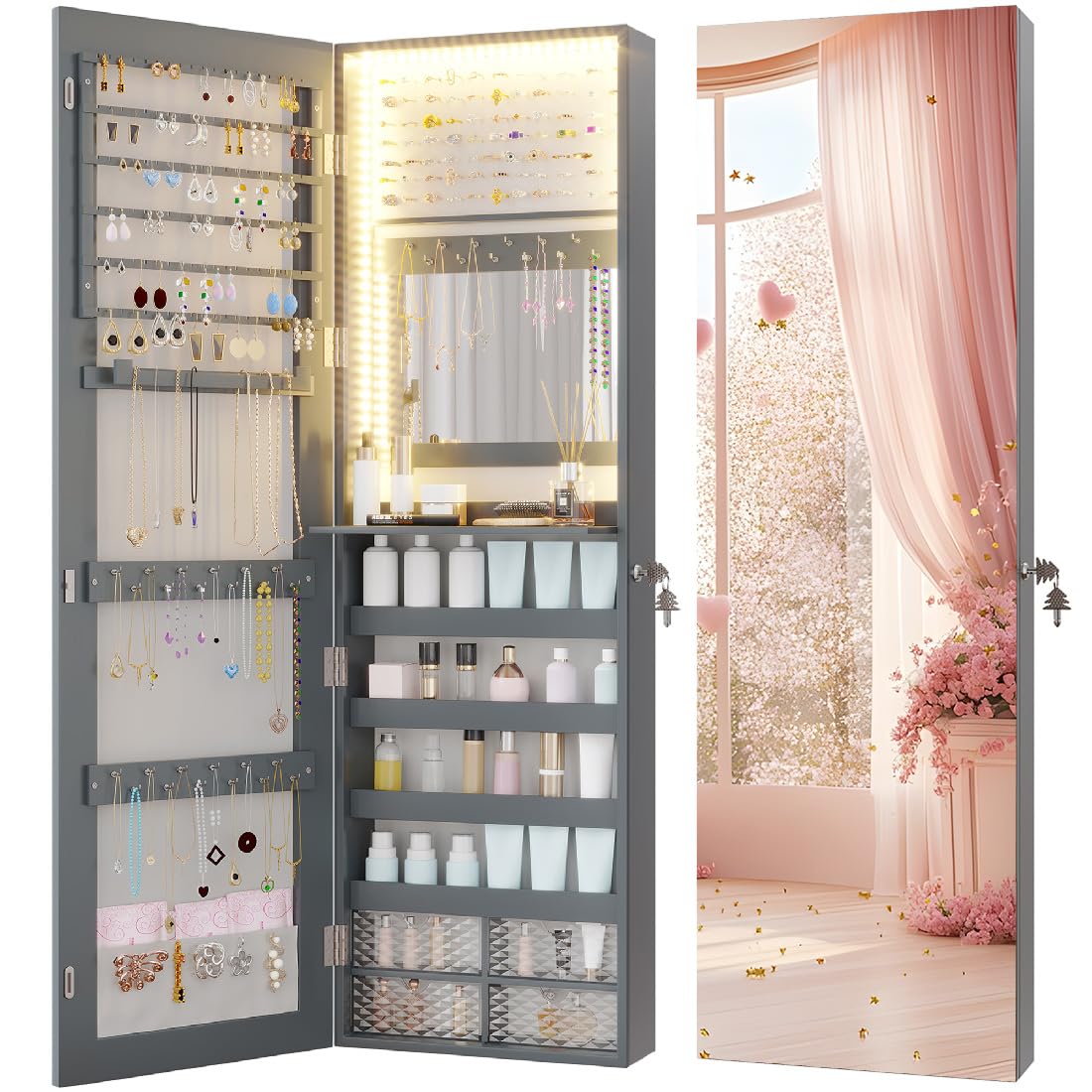 LED Lockable White Full Length Hanging Jewelry Cabinet