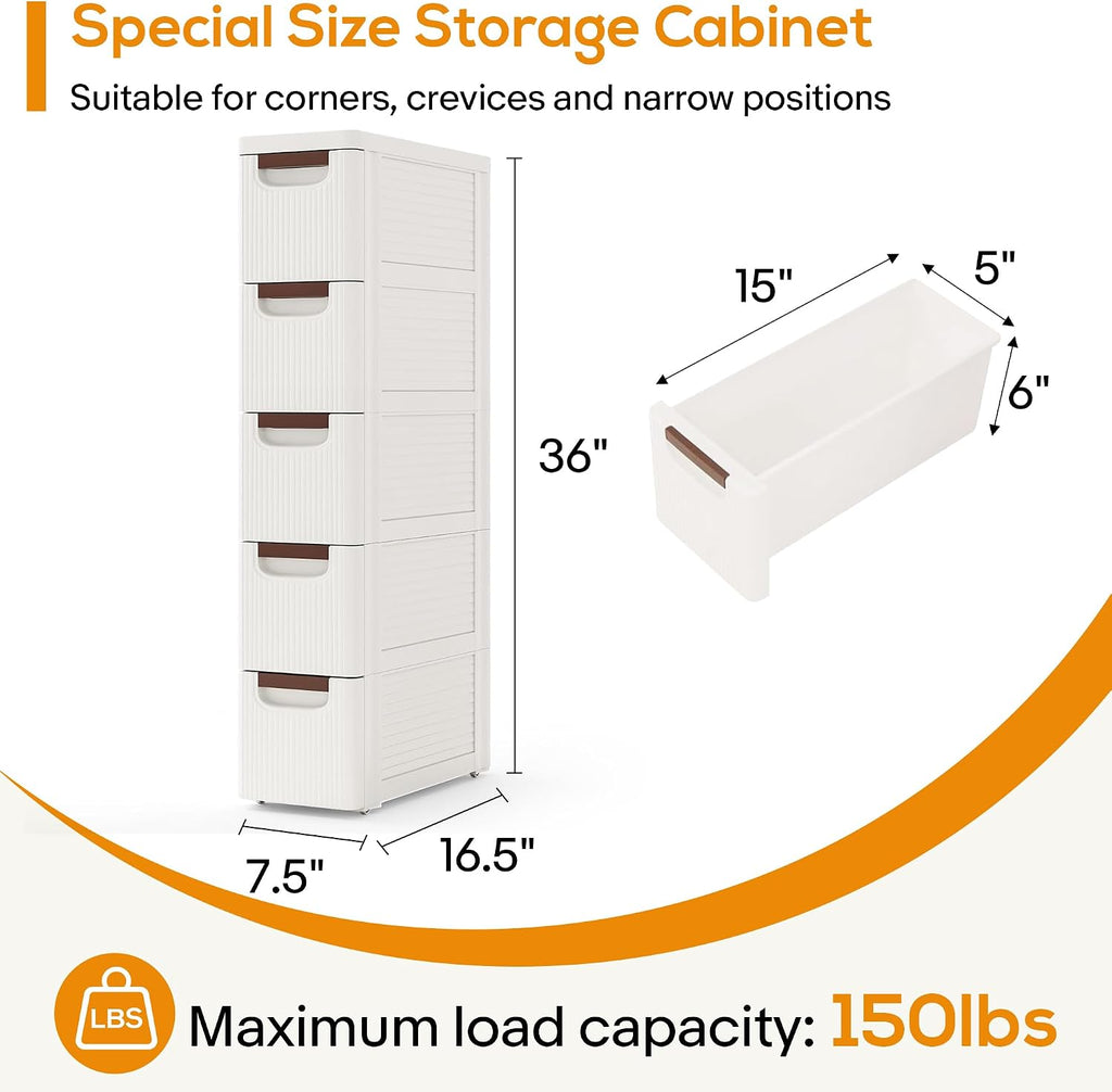 White Rolling 5 Drawer Slim Storage Organizer Cart