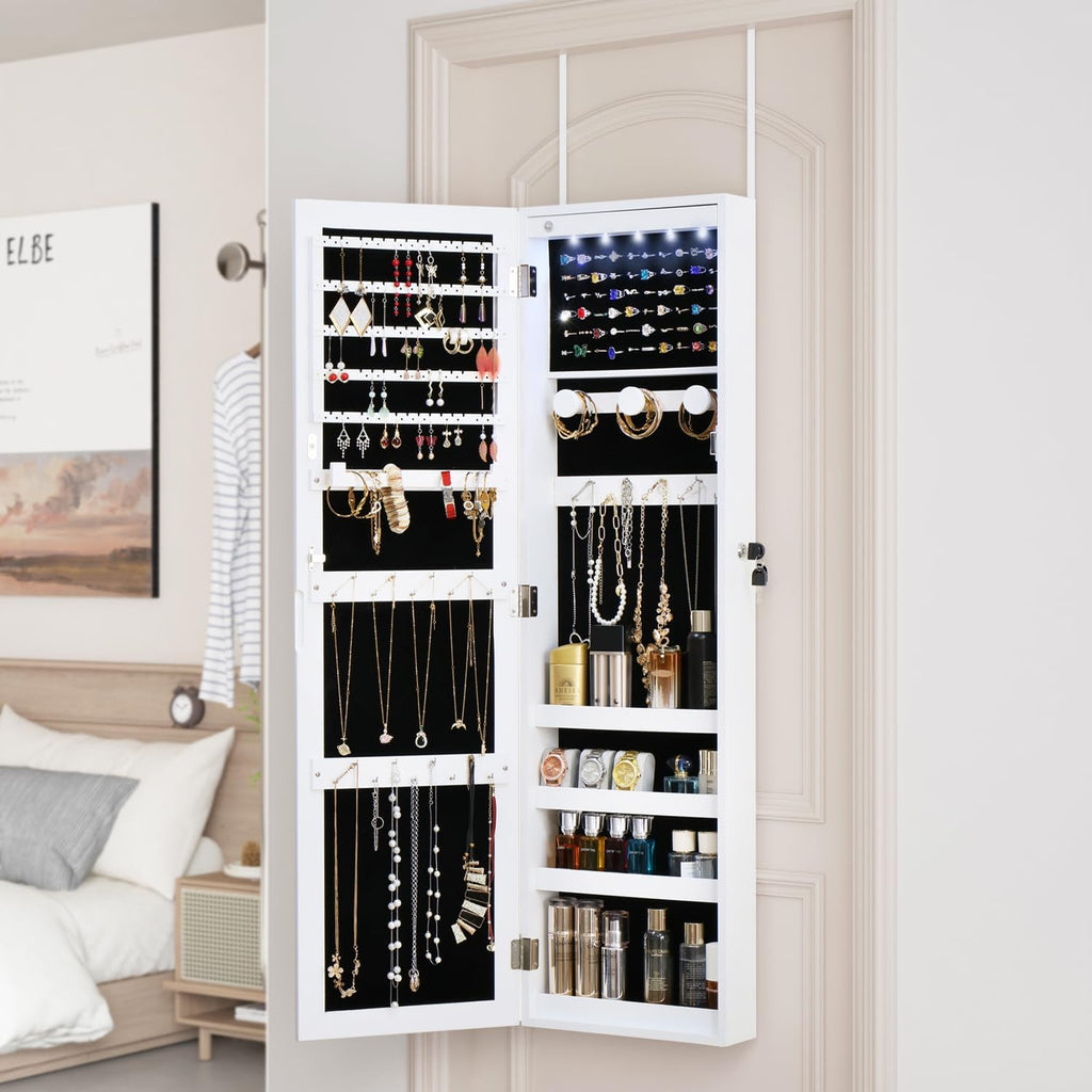 White Lockable Wall Mount Full Length Jewelry Armoire