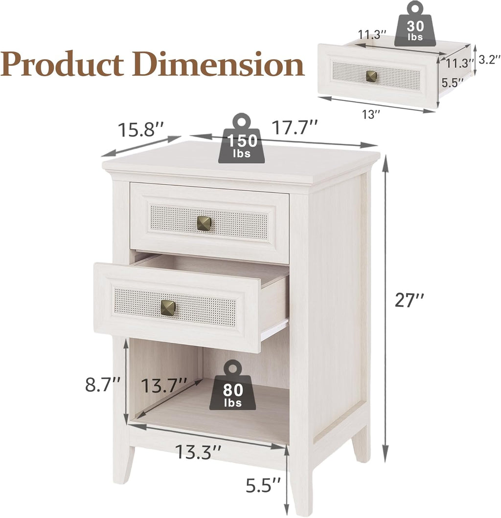 Grayish White Rattan 2 Drawer Bedroom Nightstand