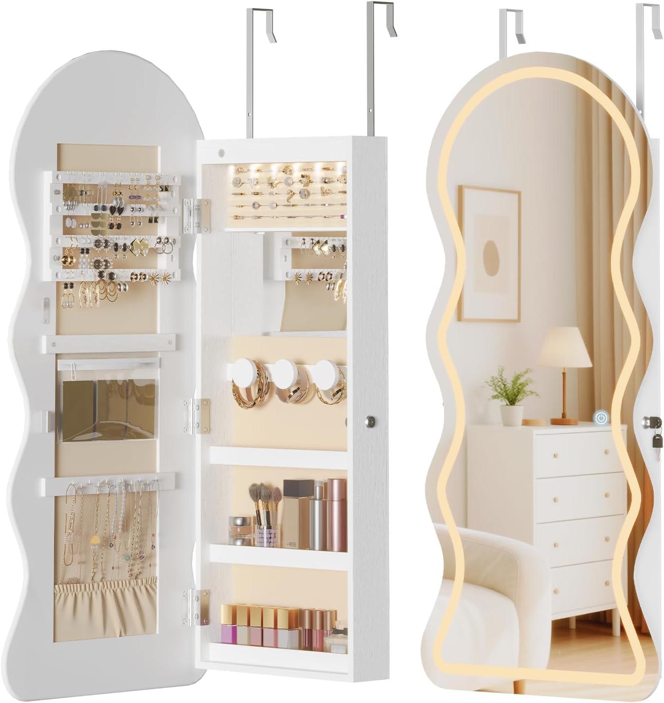 LED Lockable White Full Length Wall Jewelry Cabinet