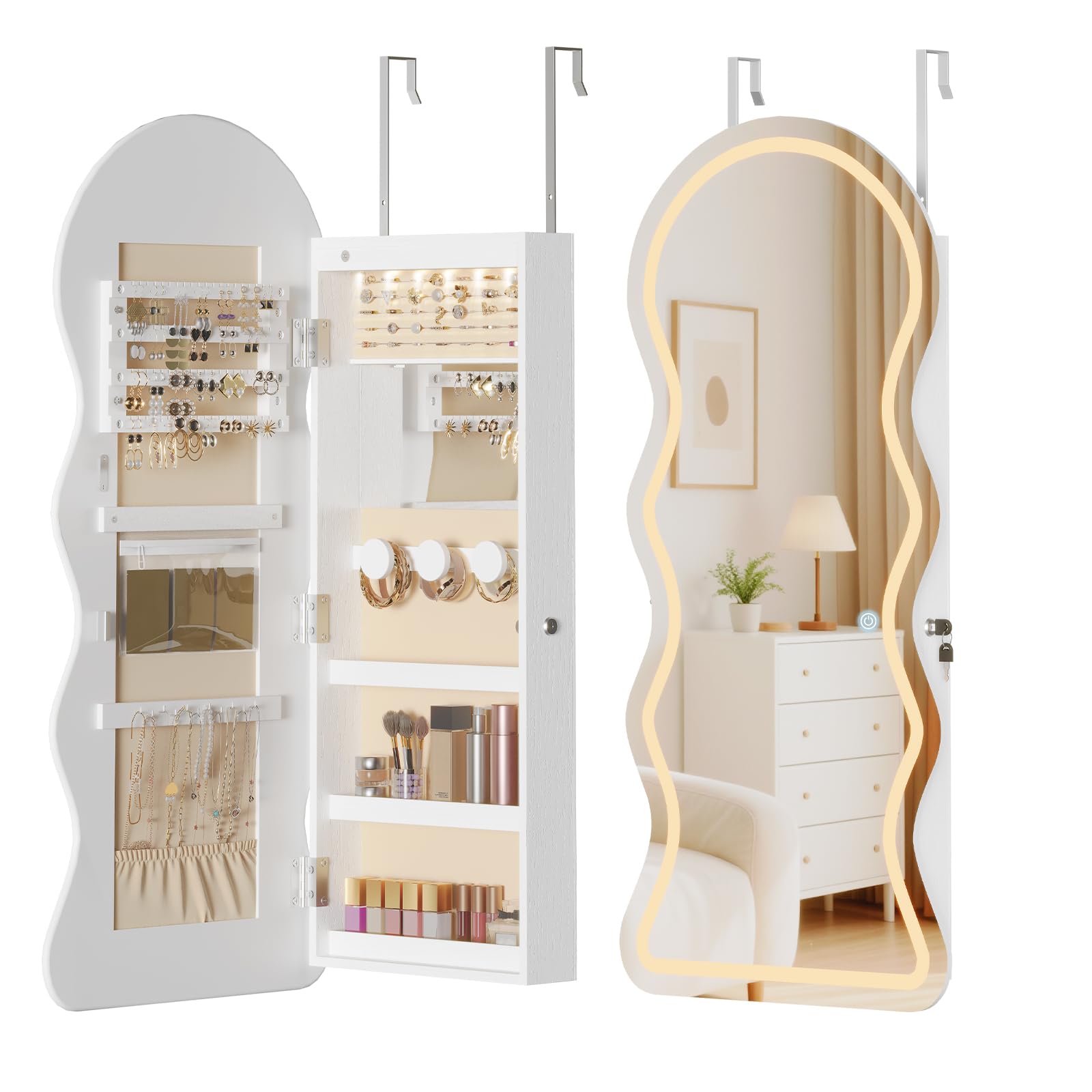 LED Lockable White Full Length Wall Jewelry Cabinet