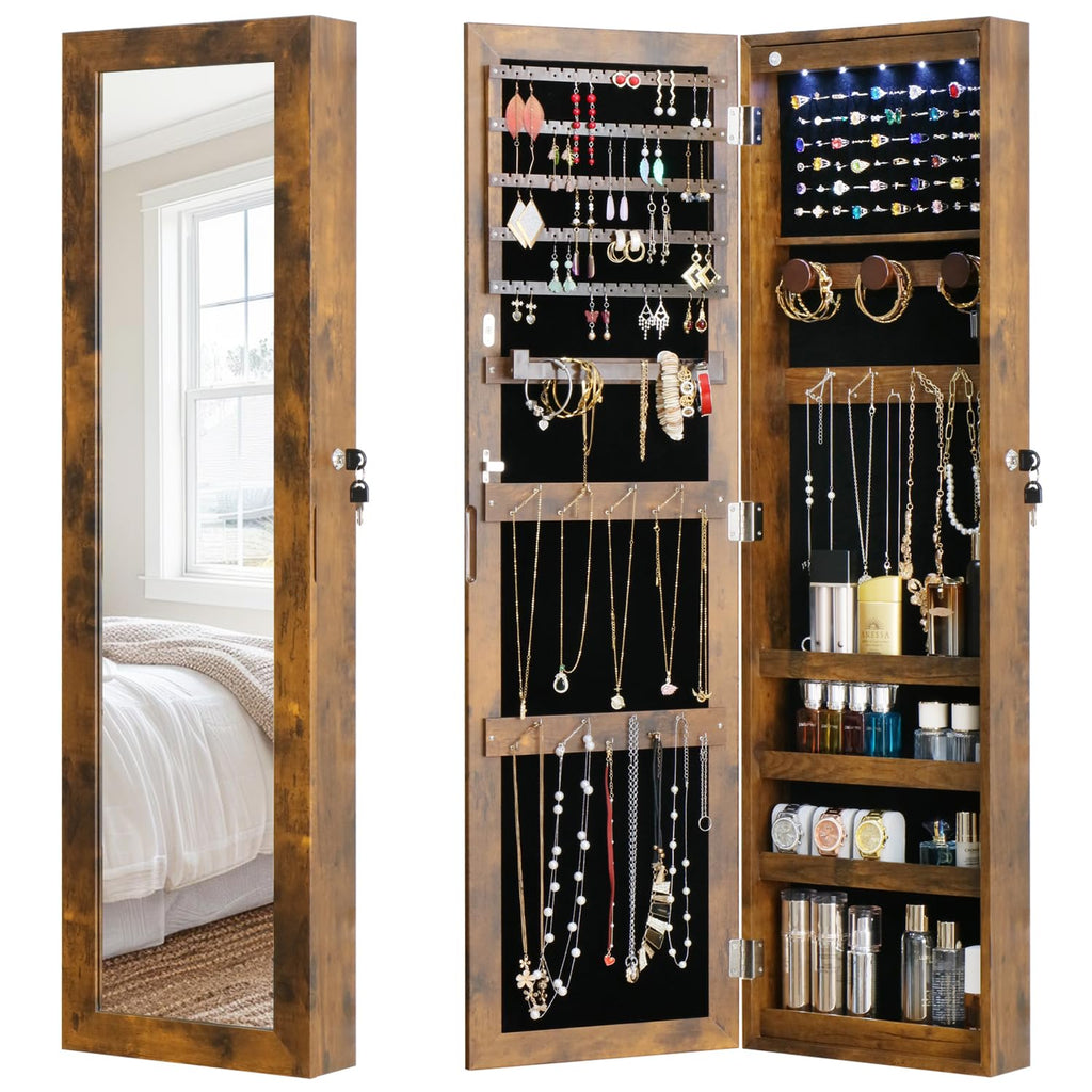 White Lockable Wall Mount Full Length Jewelry Armoire