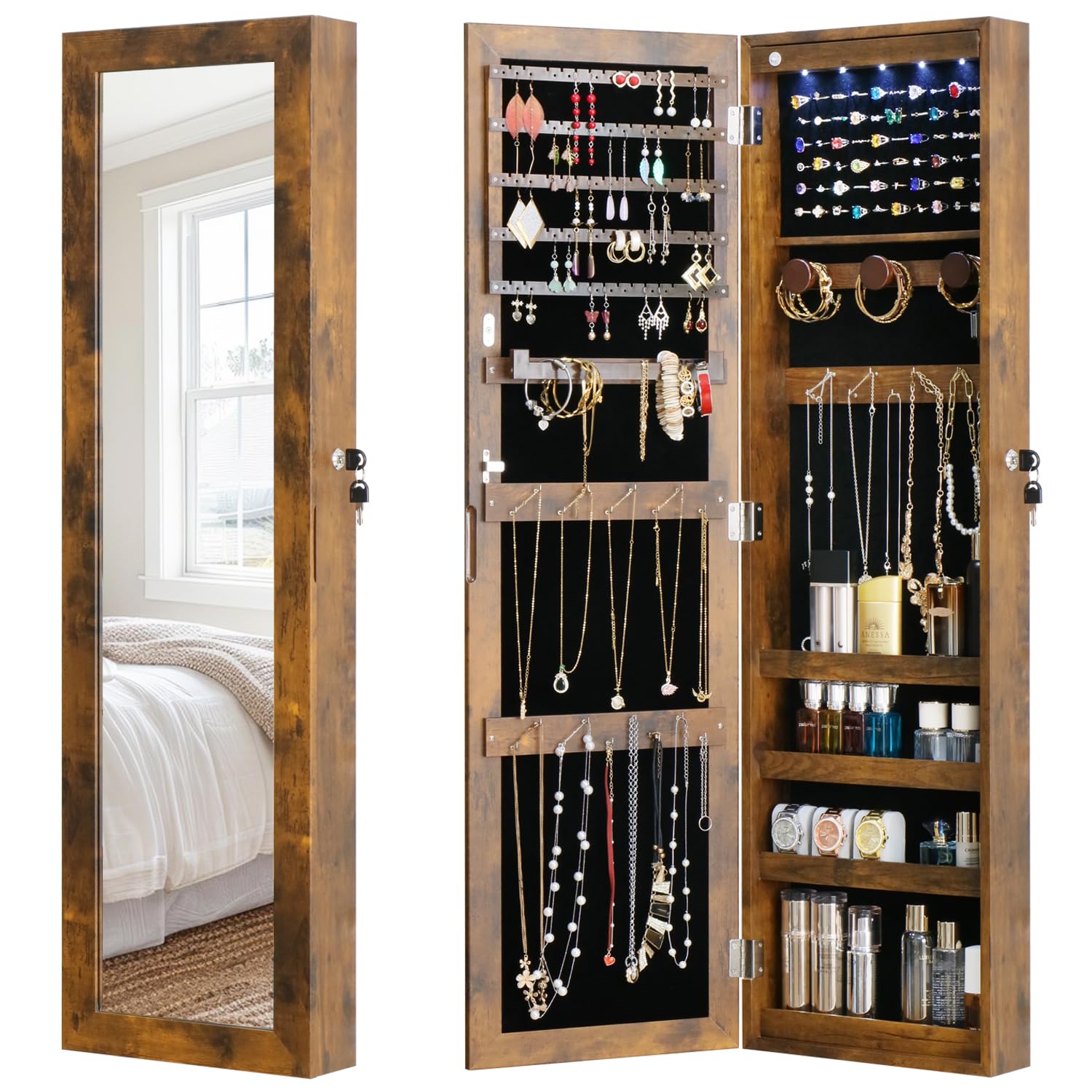 White Lockable Wall Mount Full Length Jewelry Armoire