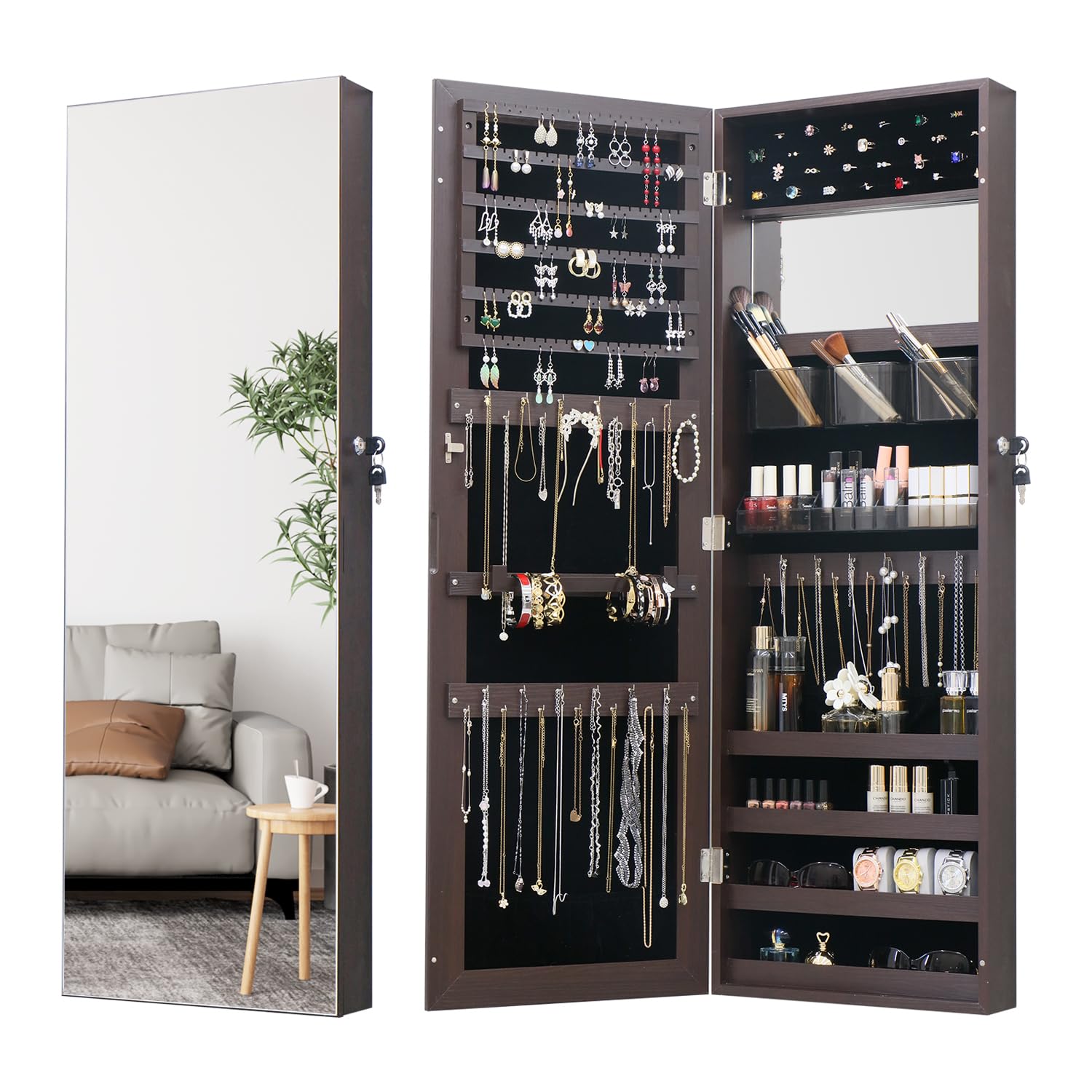 White Lockable Wall Mount Full Length Jewelry Armoire
