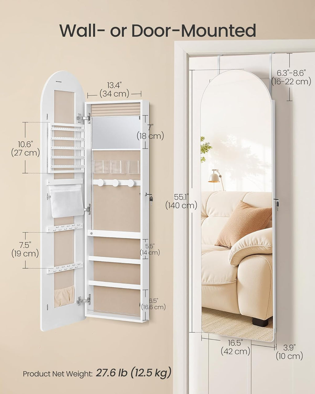 55 Inch White LED Lockable Arched Jewelry Cabinet