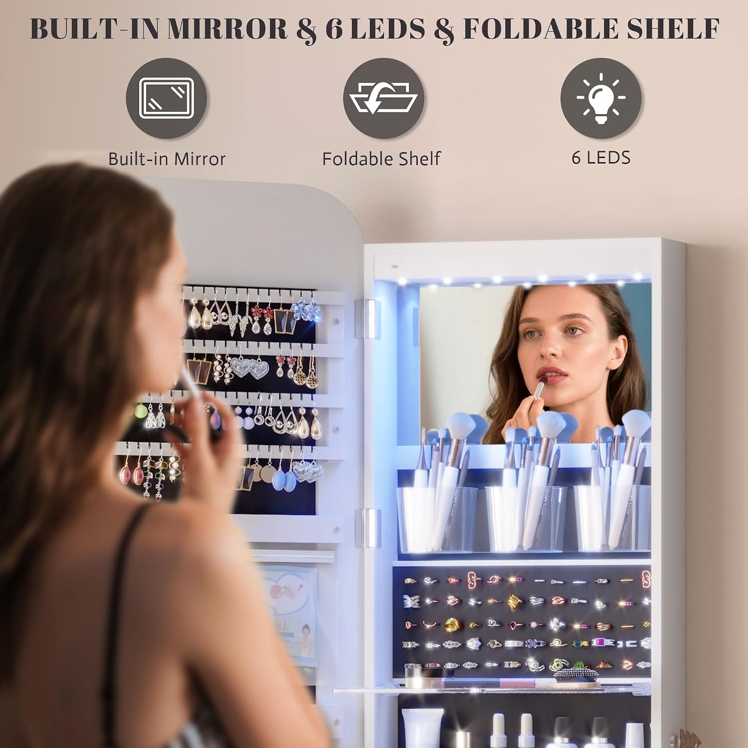 LED Lockable White Full Length Hanging Jewelry Cabinet