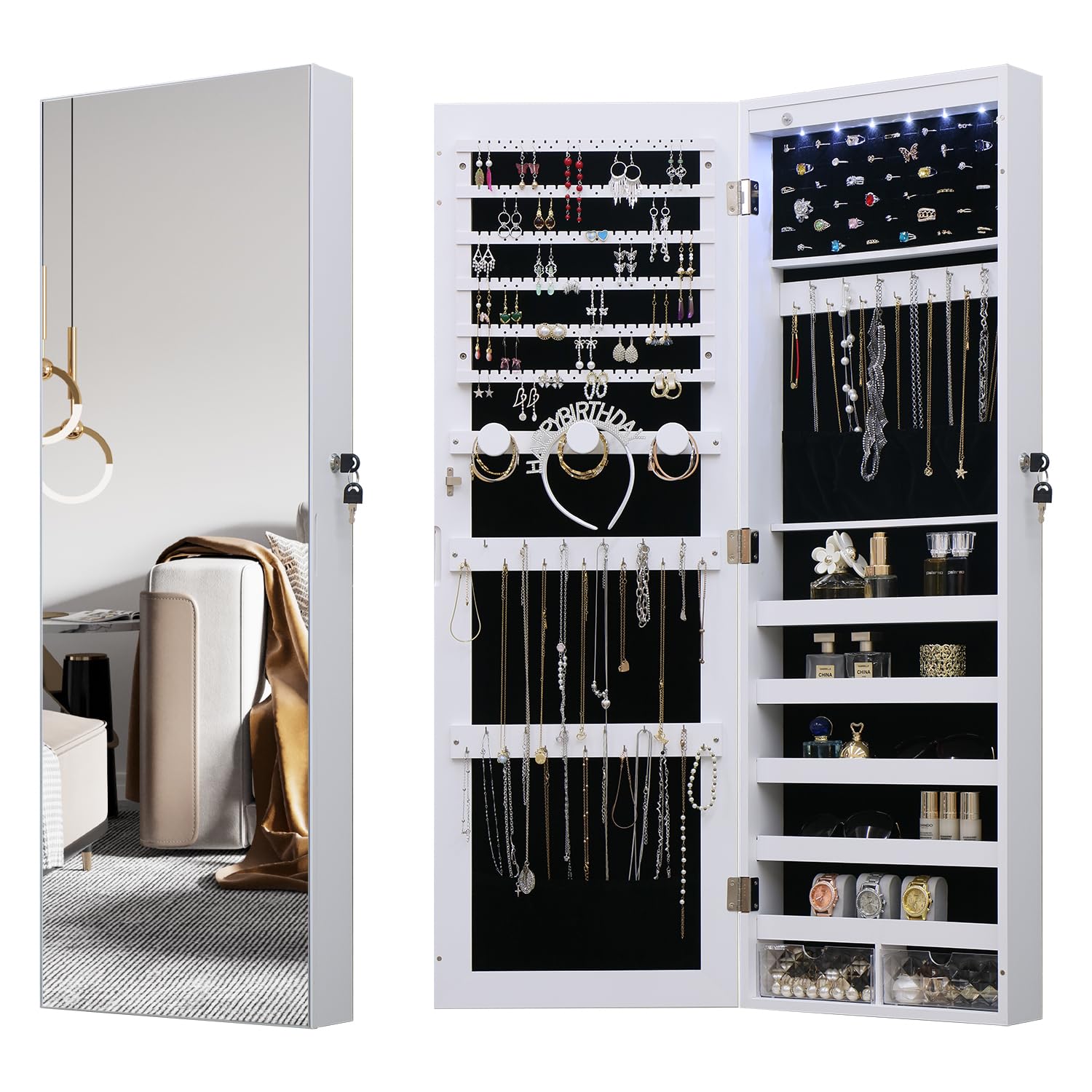 White Lockable Wall Mount Full Length Jewelry Armoire