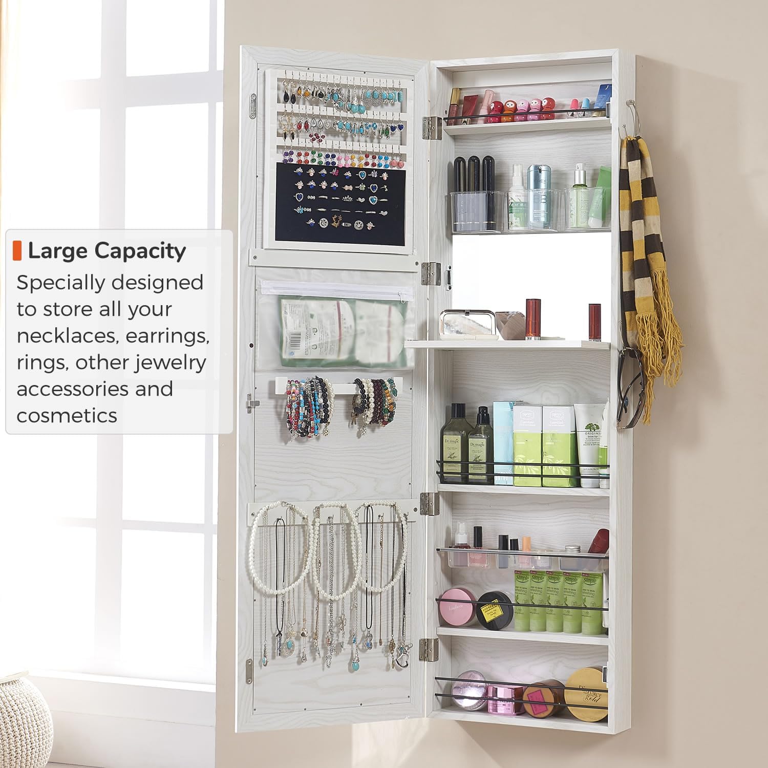 White Oak Lockable Full Length Jewelry Mirror Cabinet