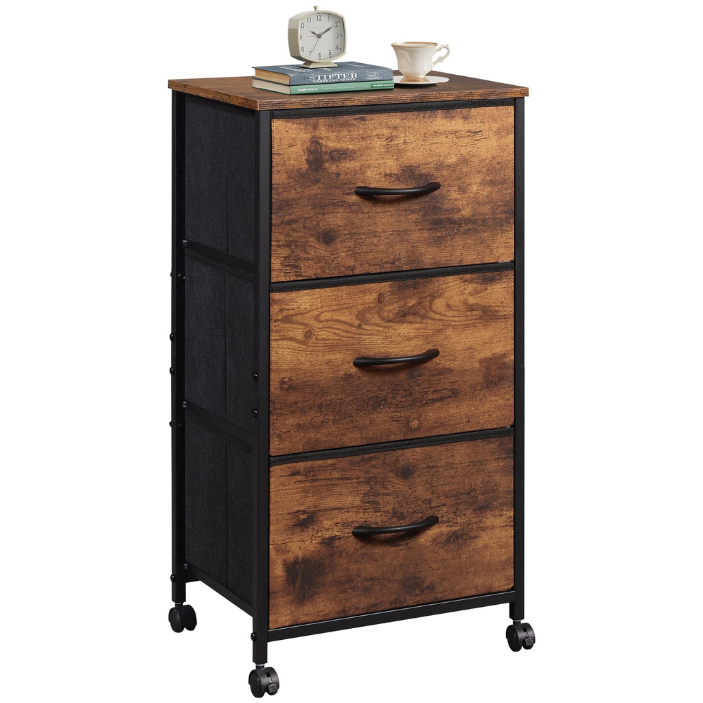 Charcoal Black Wood Top 3 Drawer Fabric Nightstand