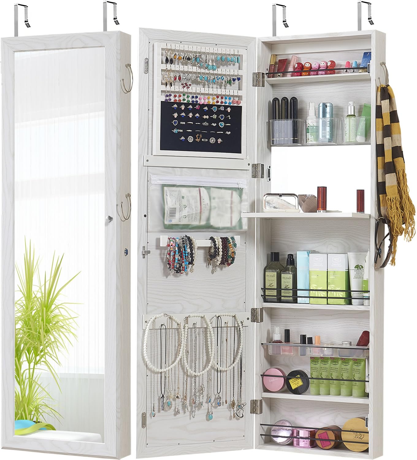 White Oak Lockable Full Length Jewelry Mirror Cabinet
