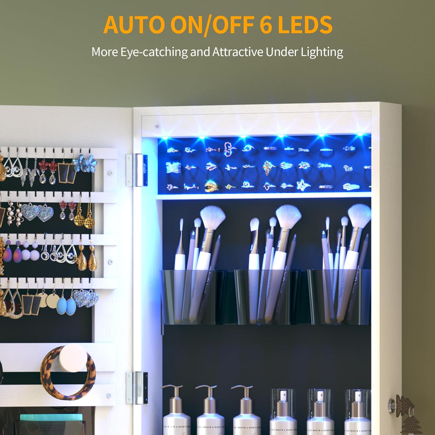 LED Lockable White Full Length Hanging Jewelry Armoire