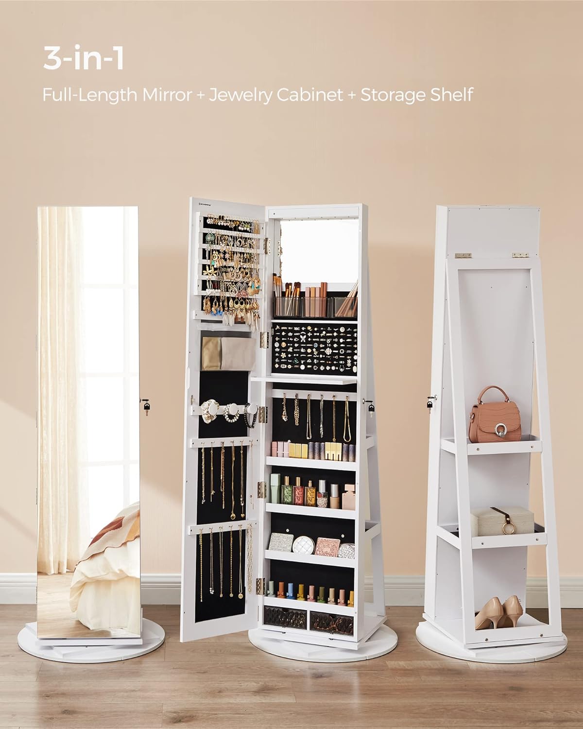 360° Swivel LED Lockable Full Length Jewelry Cabinet