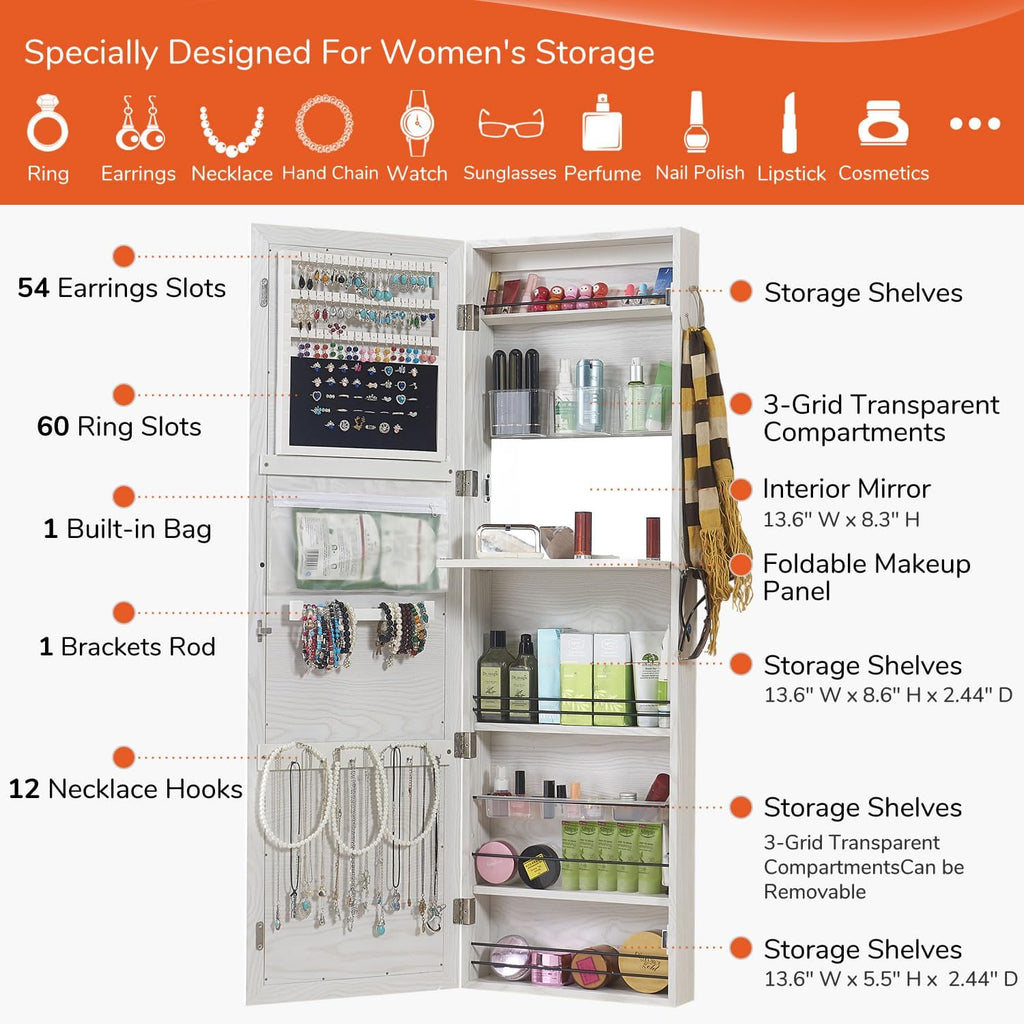 White Oak Lockable Full Length Jewelry Mirror Cabinet