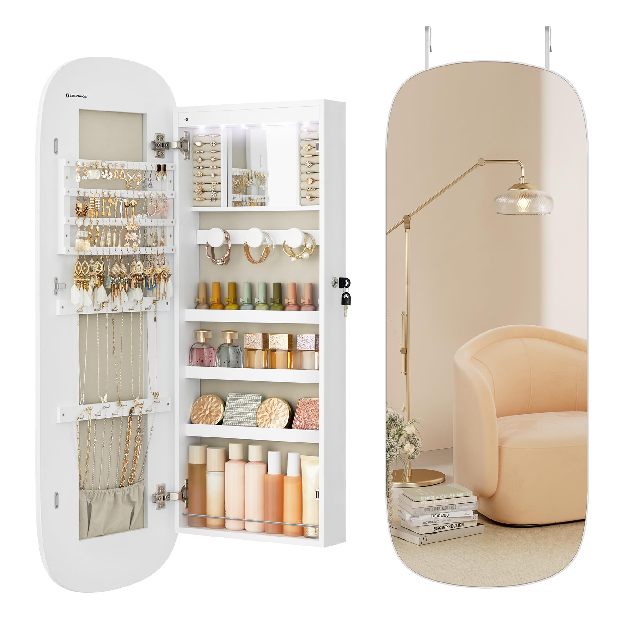 55 Inch White LED Lockable Arched Jewelry Cabinet