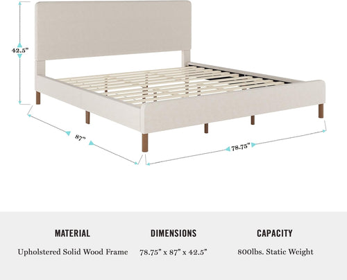 Beige Faux Linen King Bed Rounded Piped Headboard