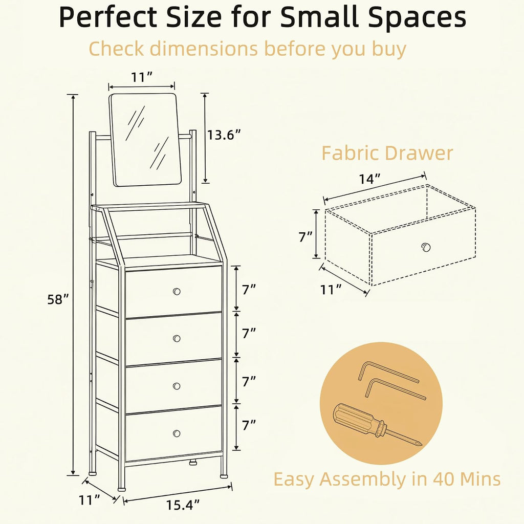Rustic Brown 4 Drawer Fabric Dresser with Mirror Shelves