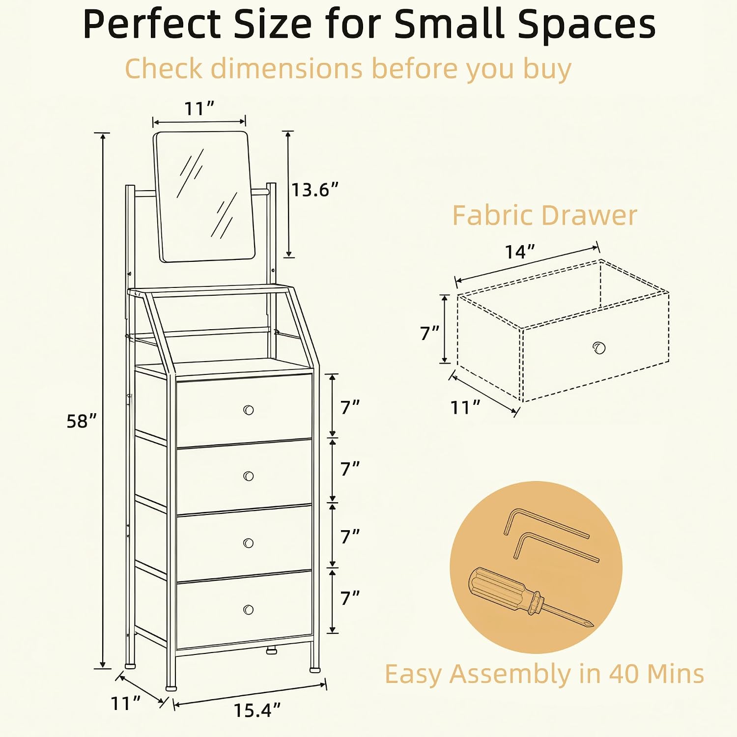 Rustic Brown 4 Drawer Fabric Dresser with Mirror Shelves