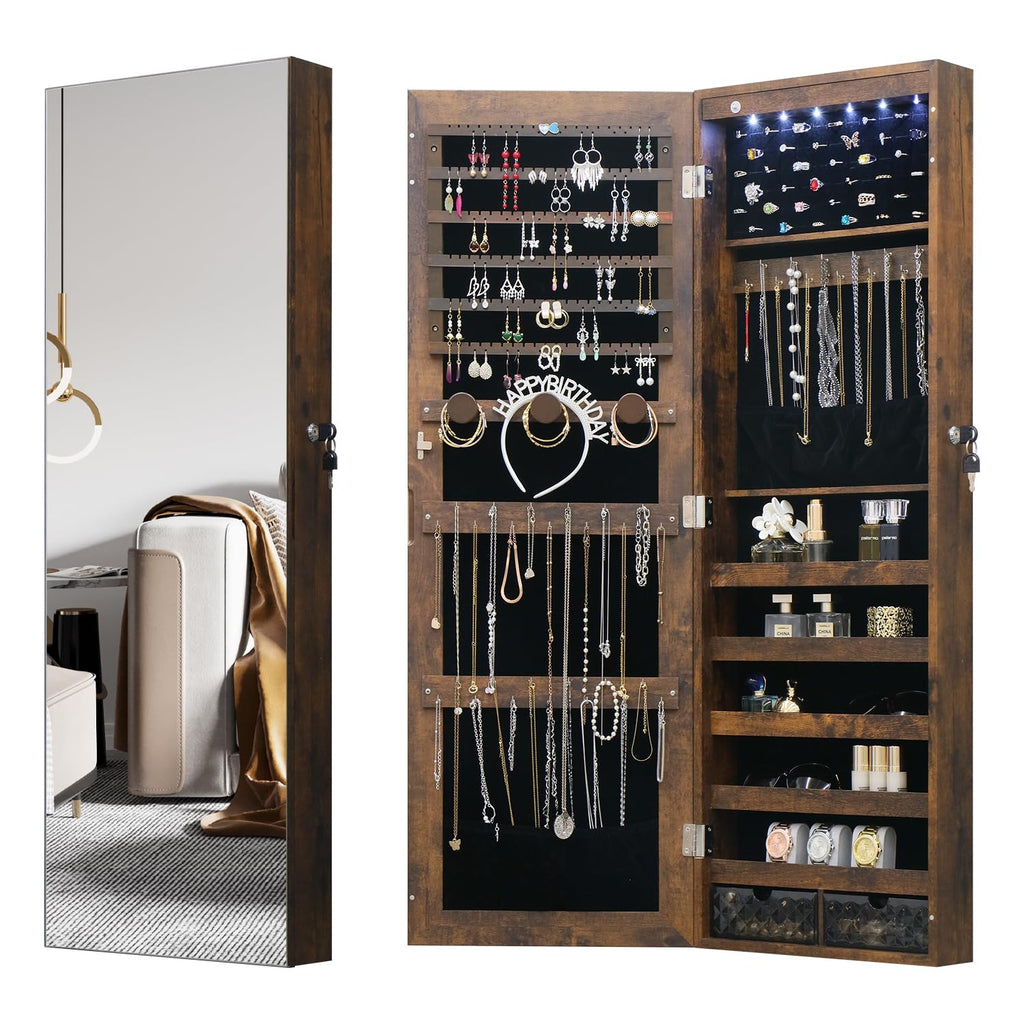 White Lockable Wall Mount Full Length Jewelry Armoire