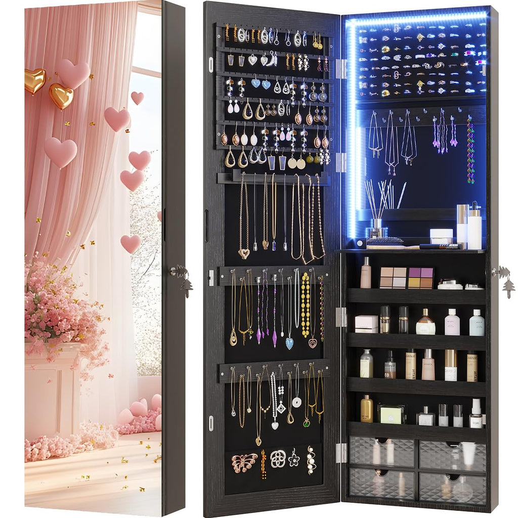 LED Lockable White Full Length Hanging Jewelry Cabinet