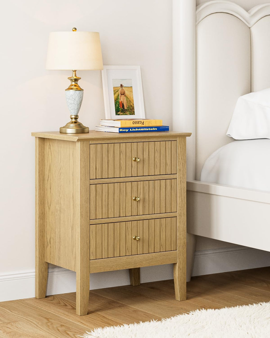 Oak Fluted 3 Drawer Farmhouse Bedside Nightstand