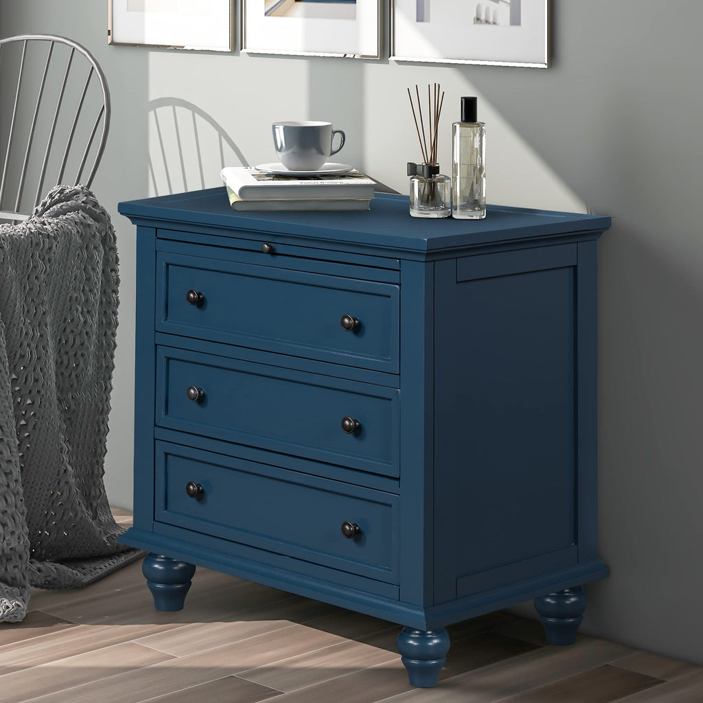 Brown Wood Nightstand 3 Drawers with Pull Out Tray