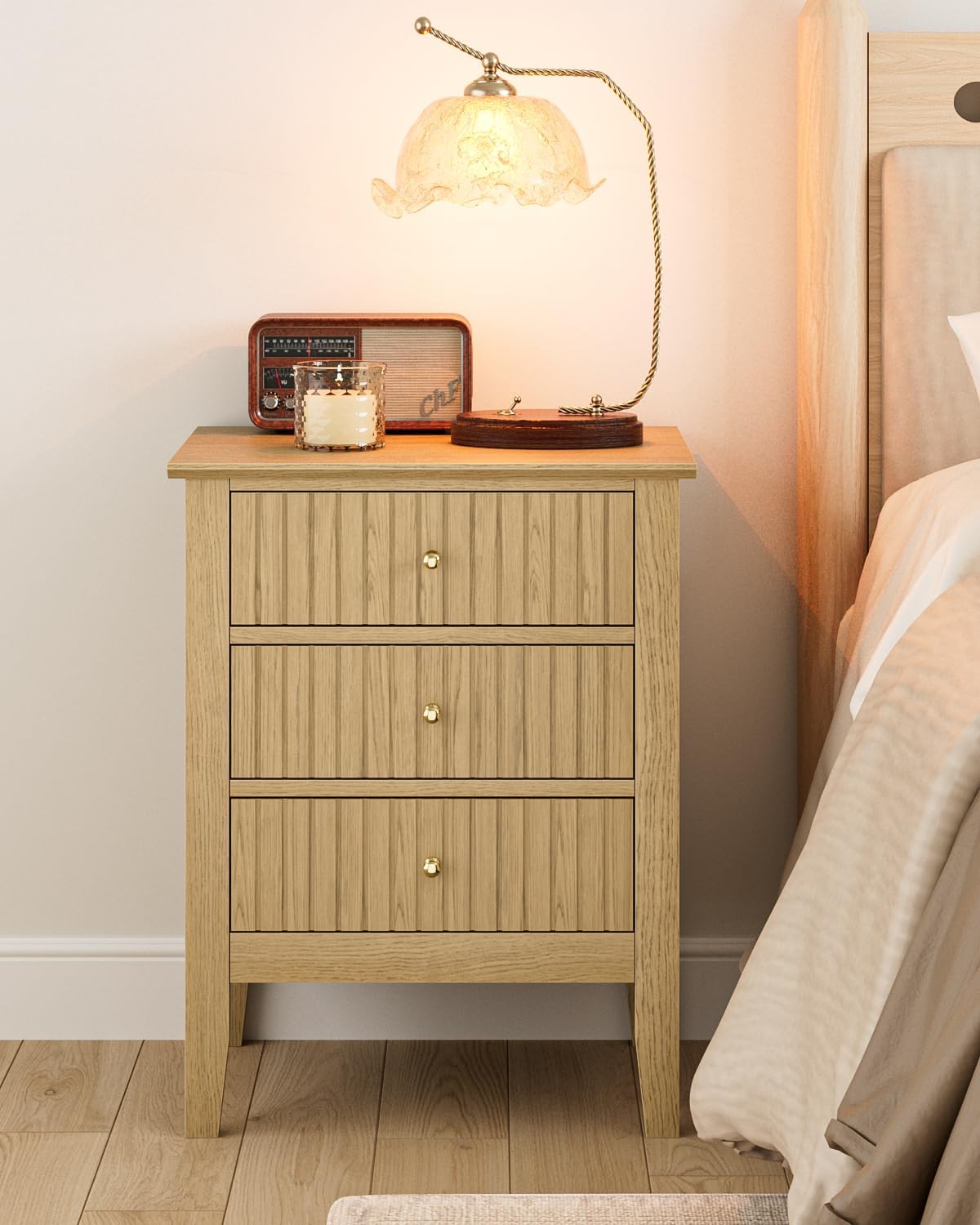 Oak Fluted 3 Drawer Farmhouse Bedside Nightstand