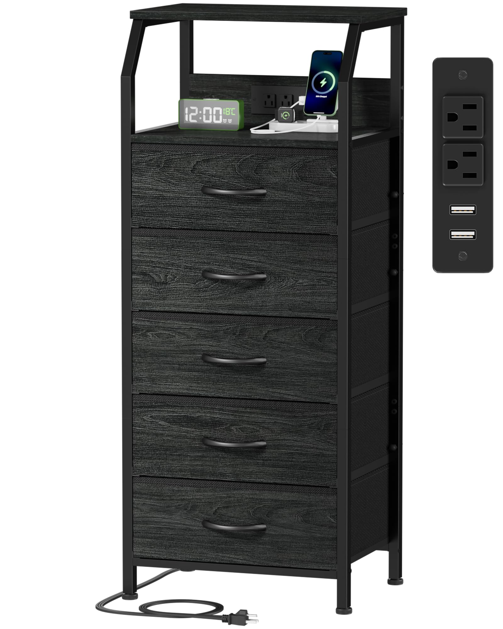 Rustic Brown 5 Drawer Dresser with Charging Station