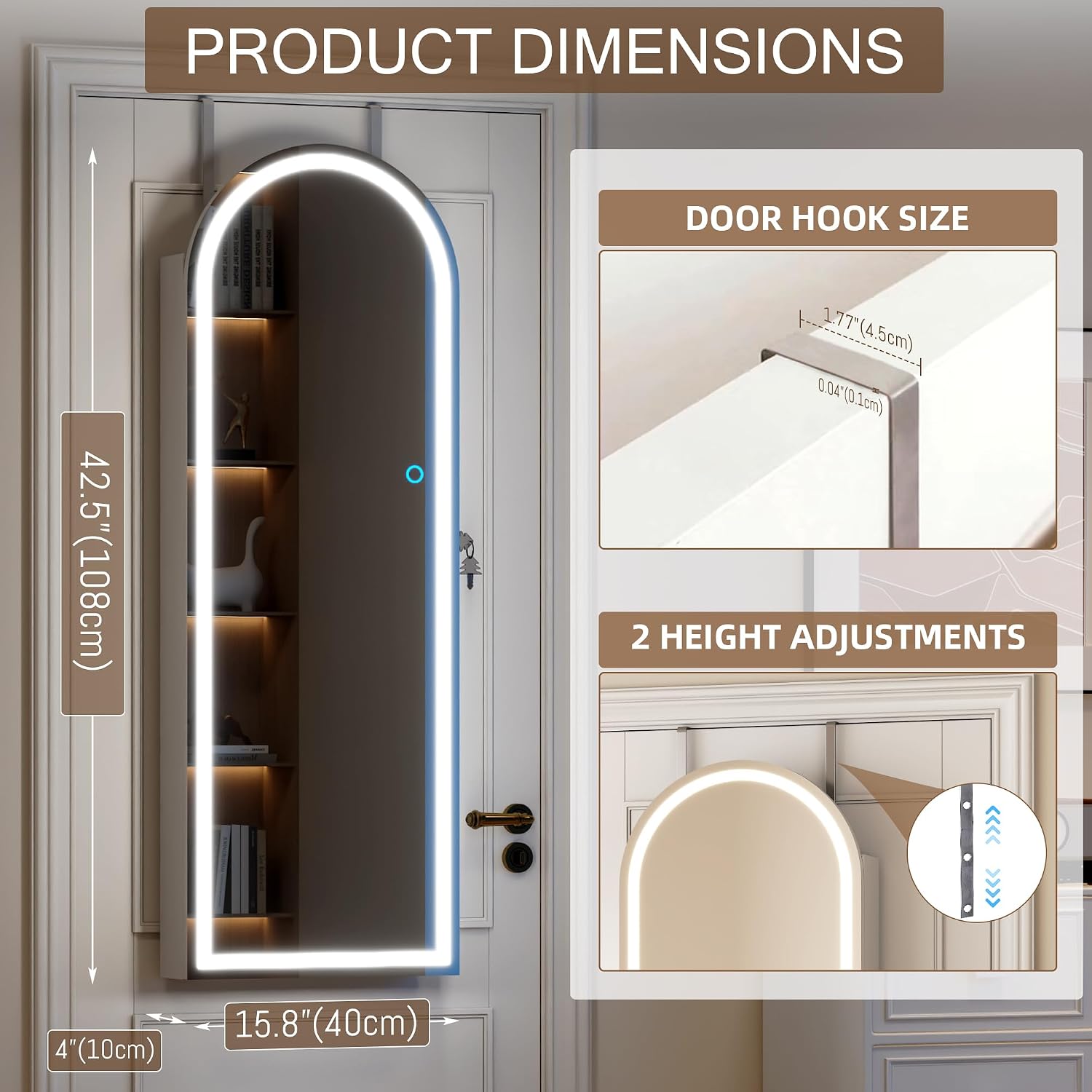43 Inch White LED Lockable Arched Jewelry Cabinet