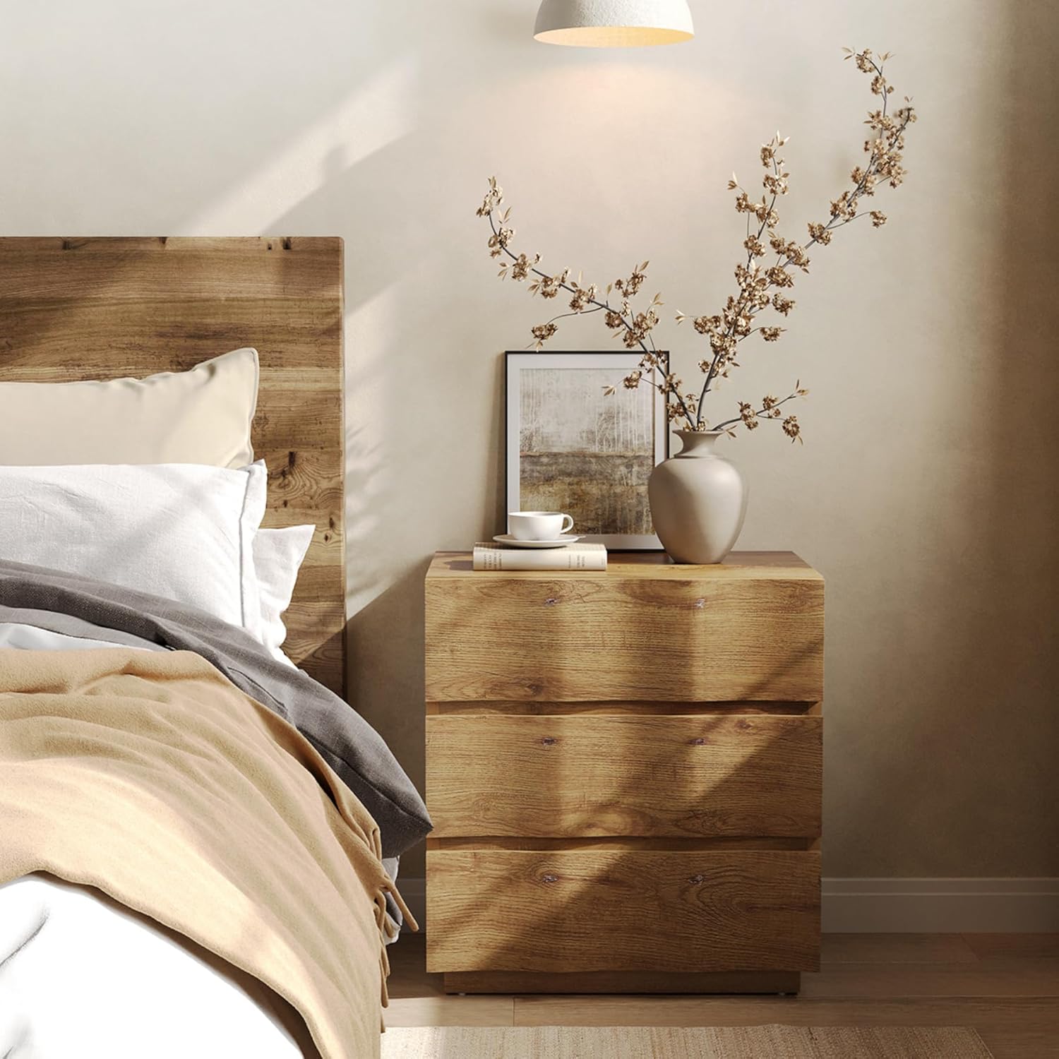 Natural Fluted 3 Drawer Rustic Wood Nightstand