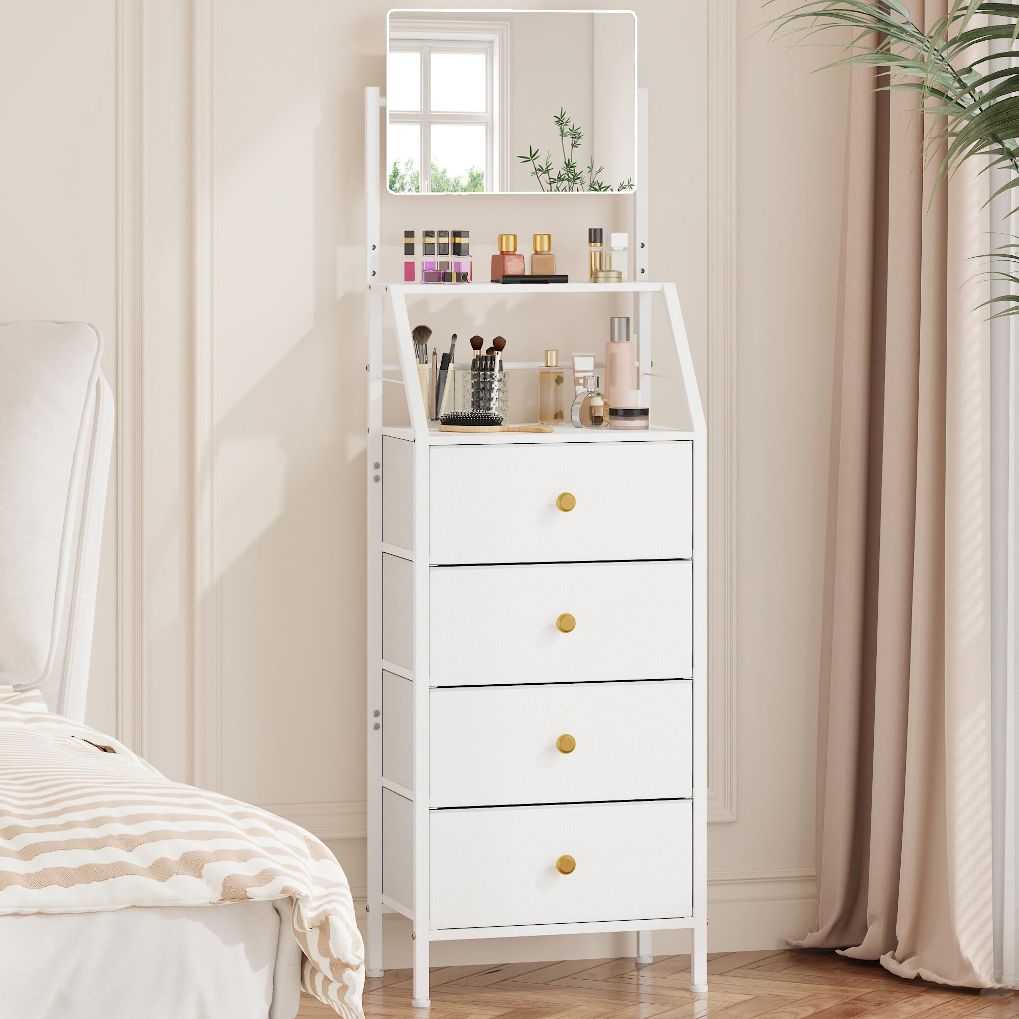 Rustic Brown 4 Drawer Fabric Dresser with Mirror Shelves