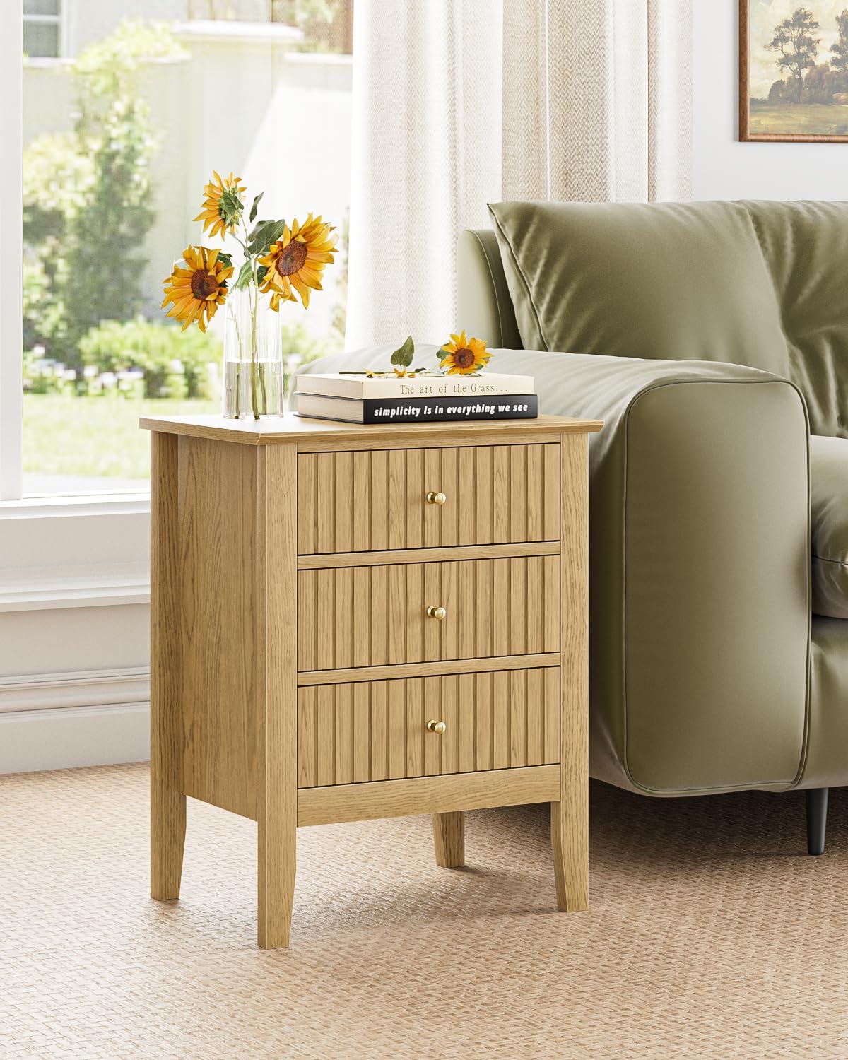 Oak Fluted 3 Drawer Farmhouse Bedside Nightstand