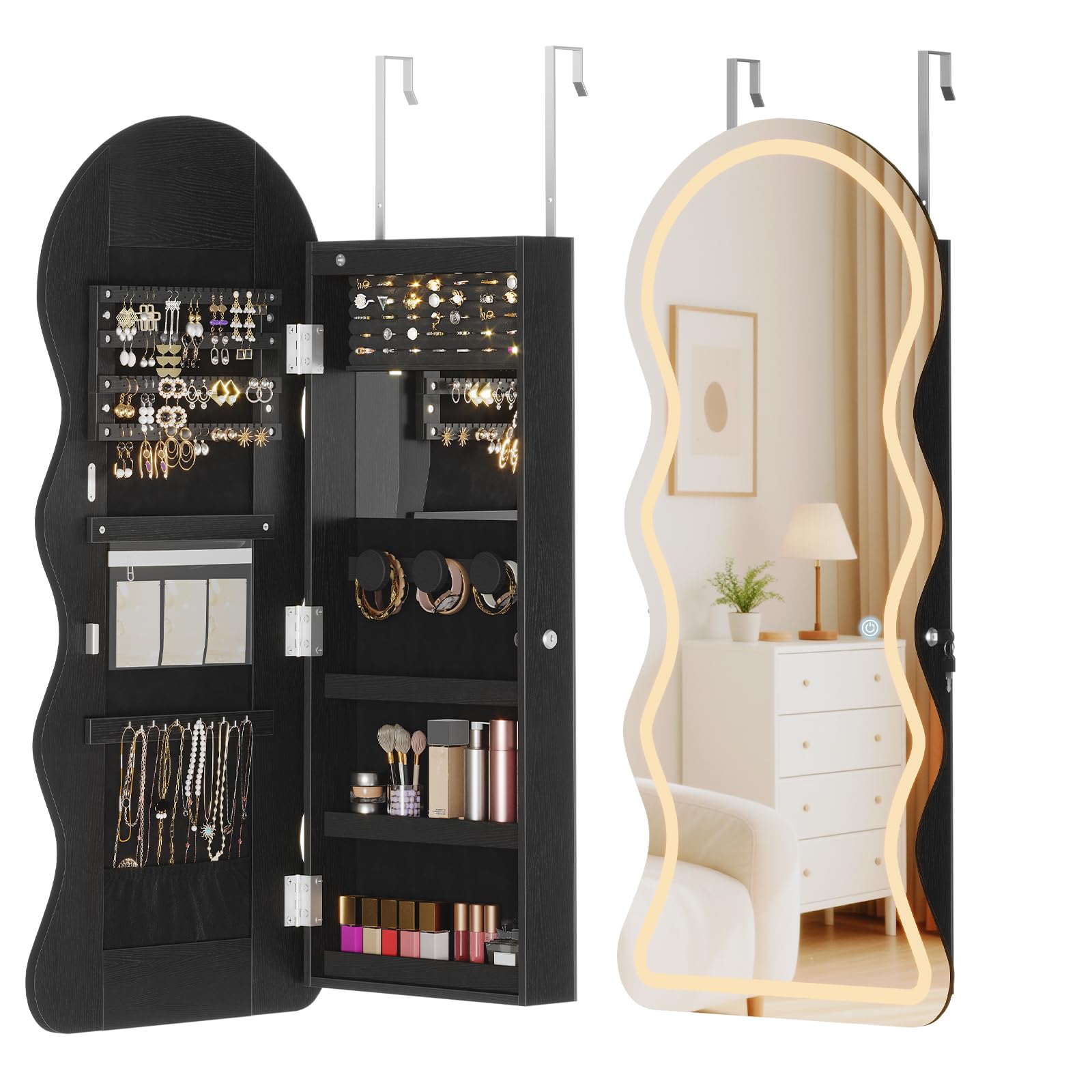 LED Lockable White Full Length Wall Jewelry Cabinet