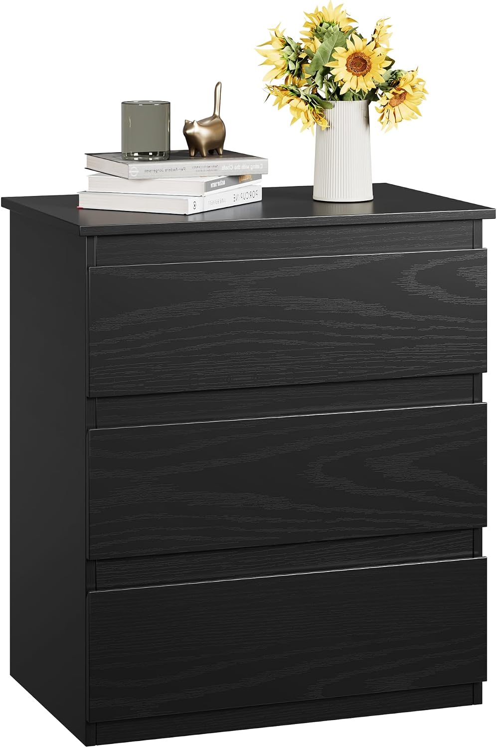 Black 3 Drawer Storage Bedroom Nightstand Side Table