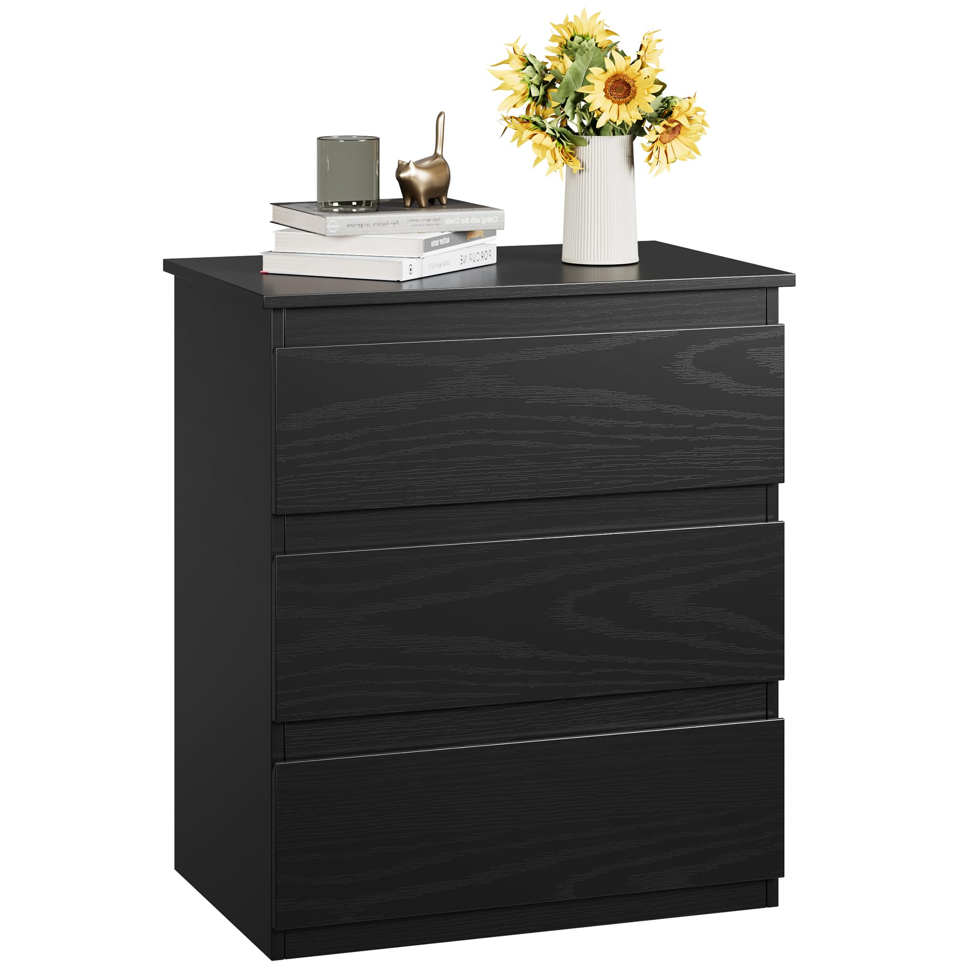 Black 3 Drawer Storage Bedroom Nightstand Side Table