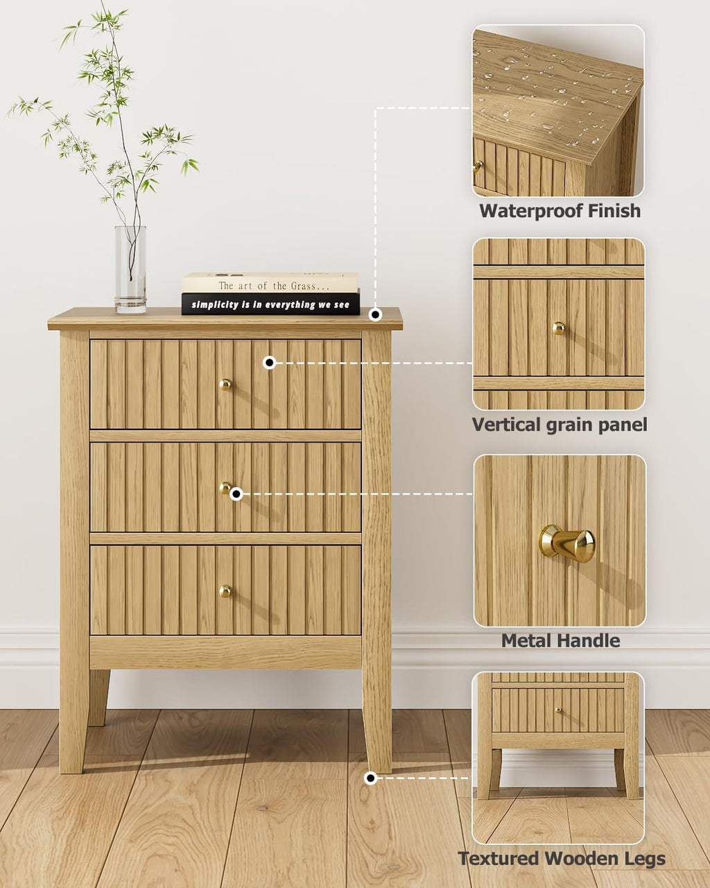 Oak Fluted 3 Drawer Farmhouse Bedside Nightstand