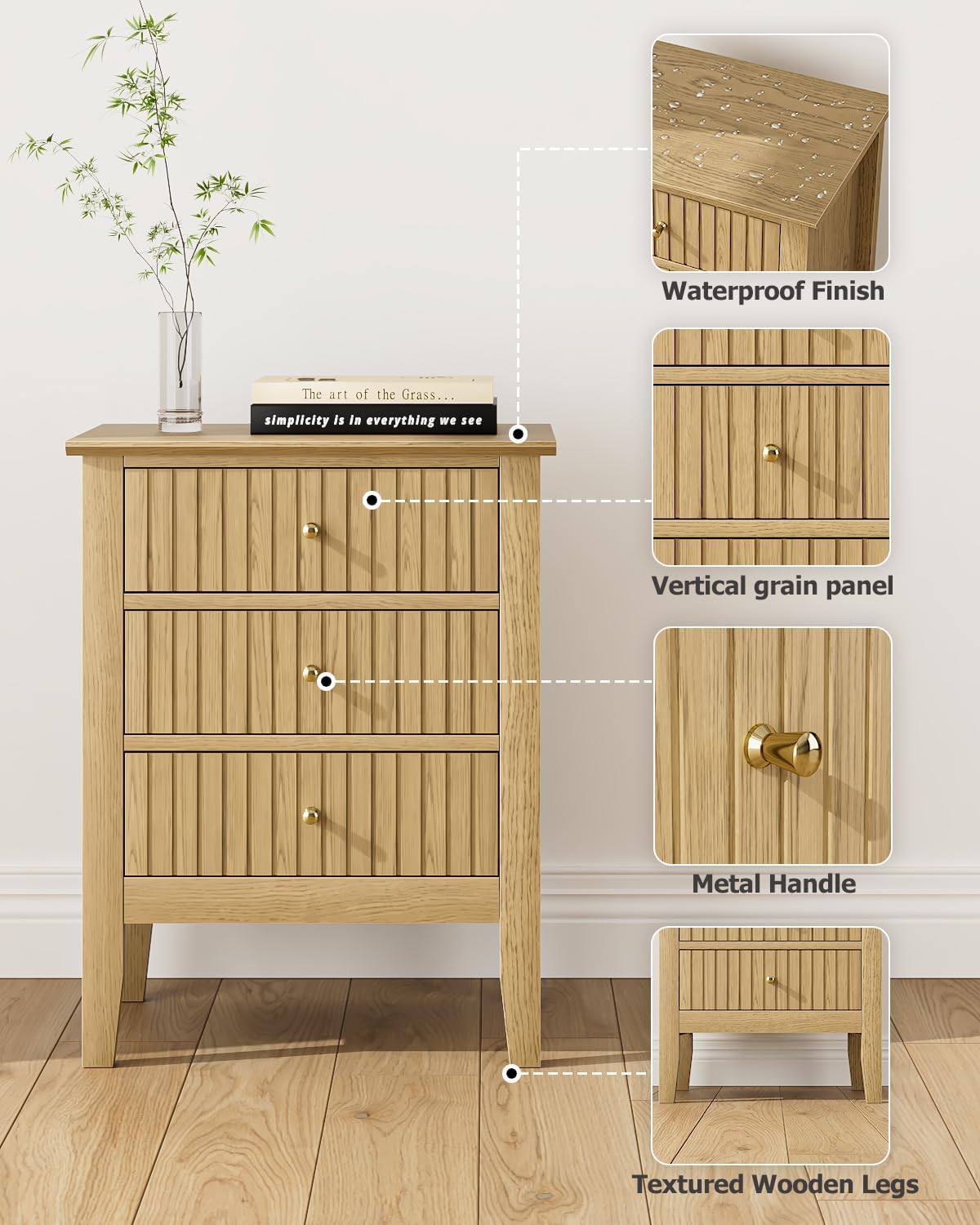 Oak Fluted 3 Drawer Farmhouse Bedside Nightstand