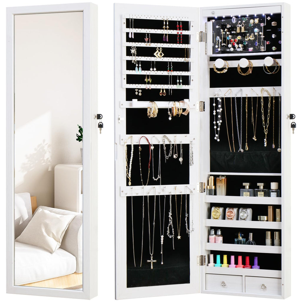 White Lockable Wall Mount Full Length Jewelry Armoire
