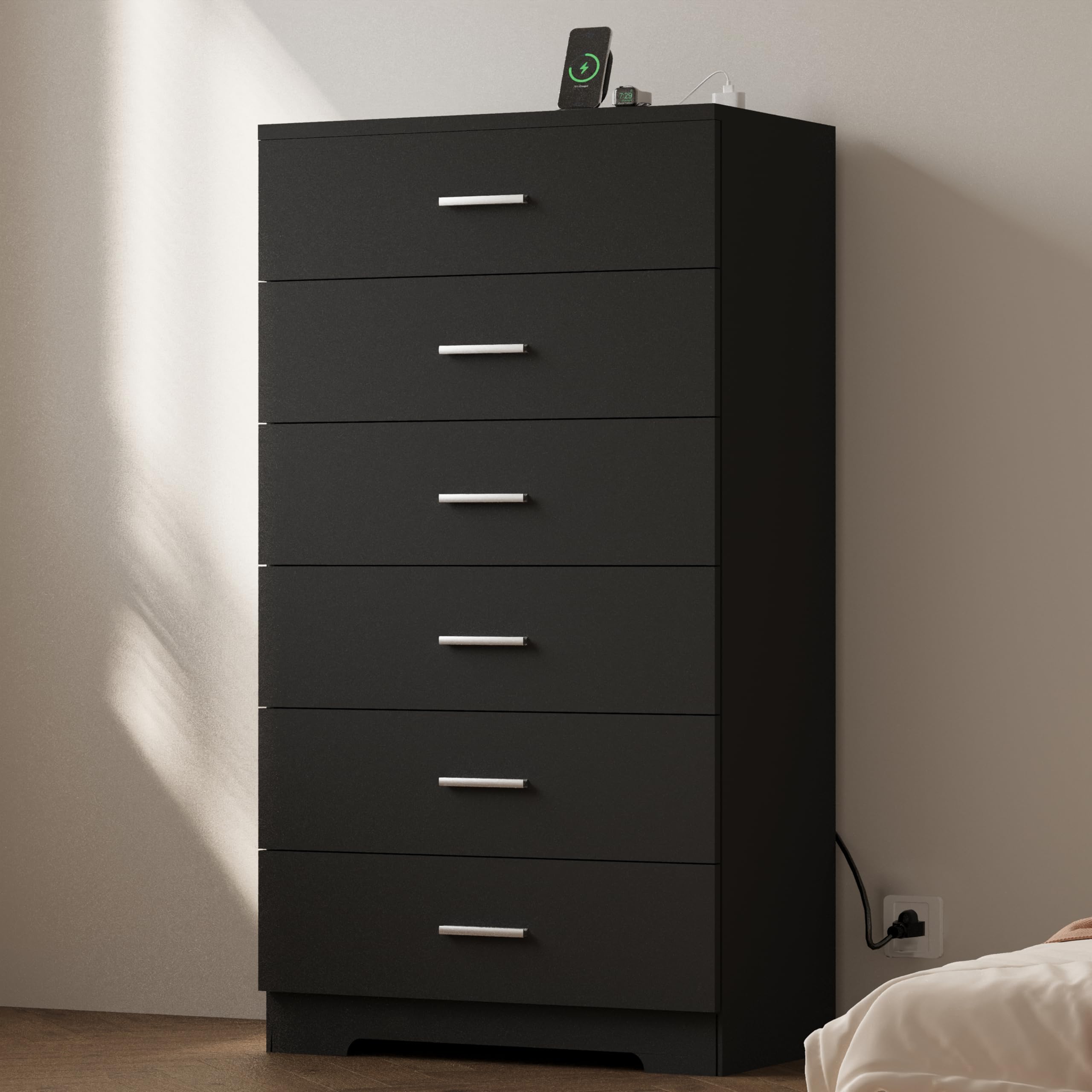 White 6 Drawer Tall Wood Dresser with Power Outlets