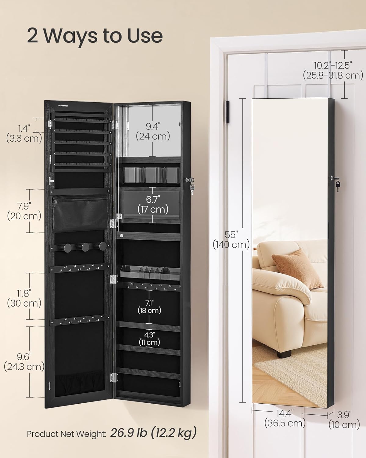 55 Inch Black LED Lockable Mounted Jewelry Cabinet