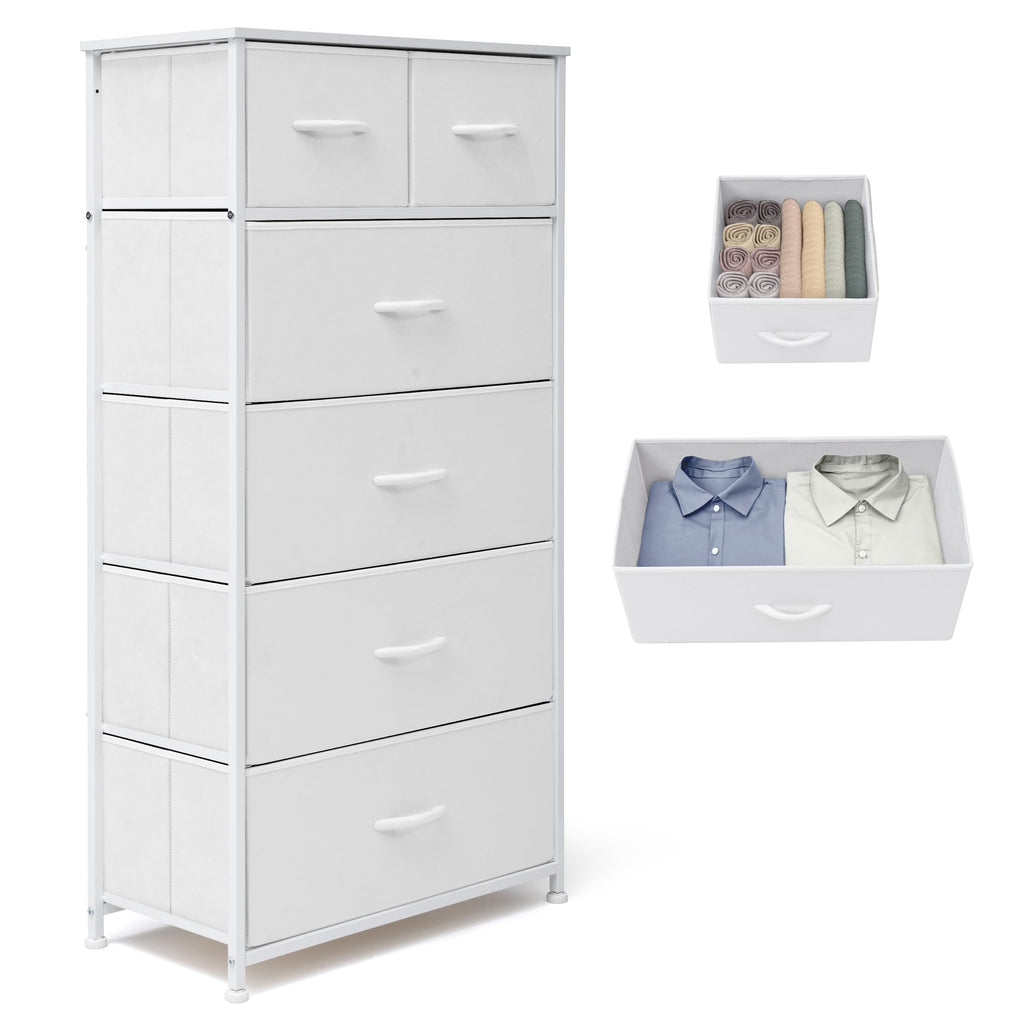 Rustic Brown Wood Top 6 Drawer Slim Fabric Dresser