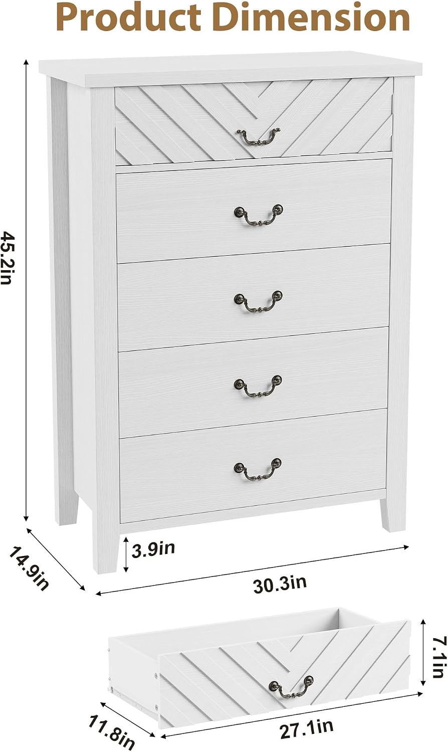 White V-Shape Front 5 Drawer Wooden Storage Dresser